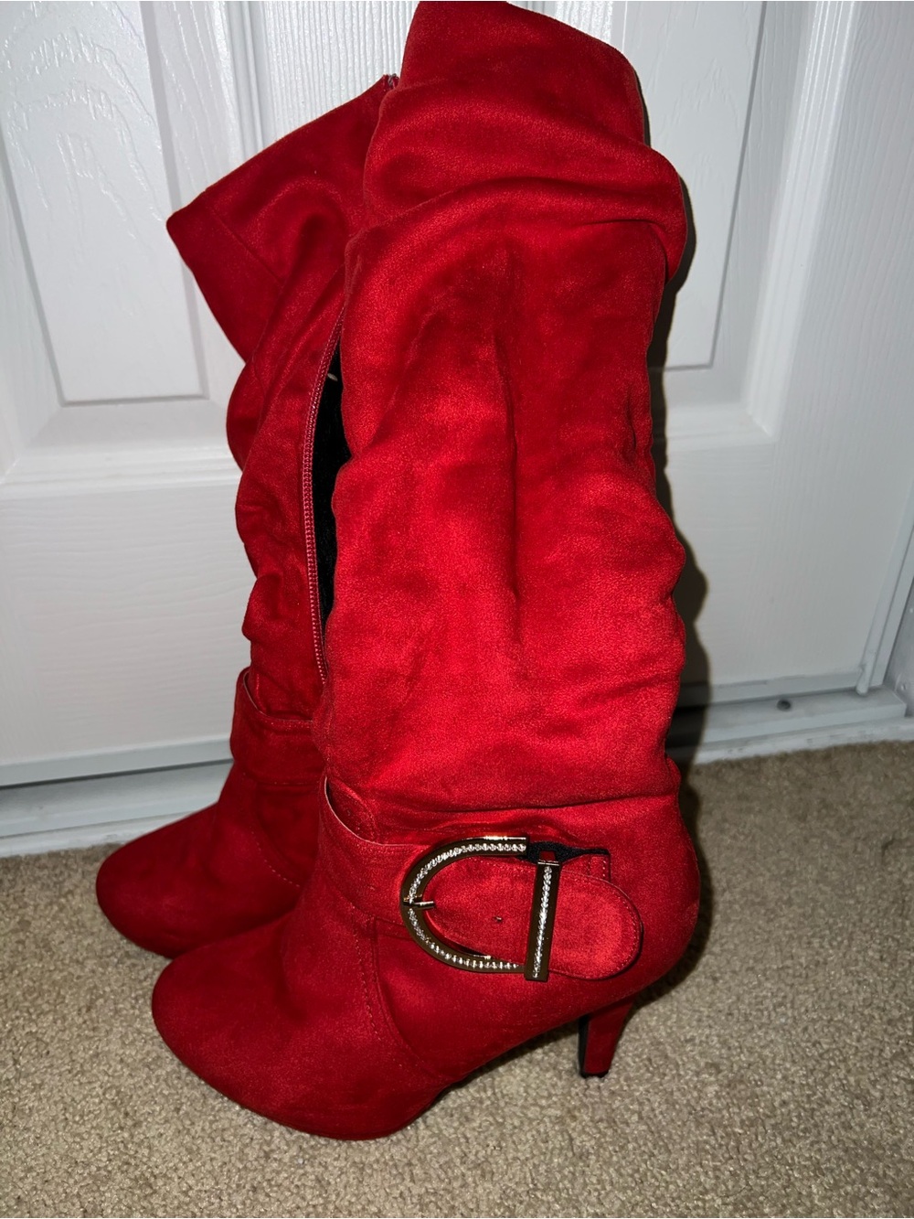 Red Mid-Calf Suede Heeled Boots with Decorative Buckle